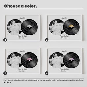May include: Four framed posters with a black and white photo of a couple hugging, each featuring a vinyl record design. The records have different colored centers: black, gold, pink, and black. Text includes "Choose a color" and "Header Tut."