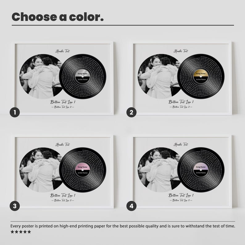 May include: Four framed posters with a black and white photo of a couple hugging, each featuring a vinyl record design. The records have different colored centers: black, gold, pink, and black. Text includes "Choose a color" and "Header Tut."