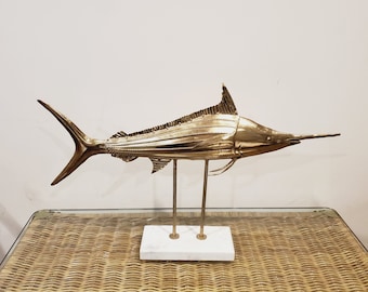 Metal Marlin Fish Statue on Marble Stand Gold Tone 24" X 14" Inches