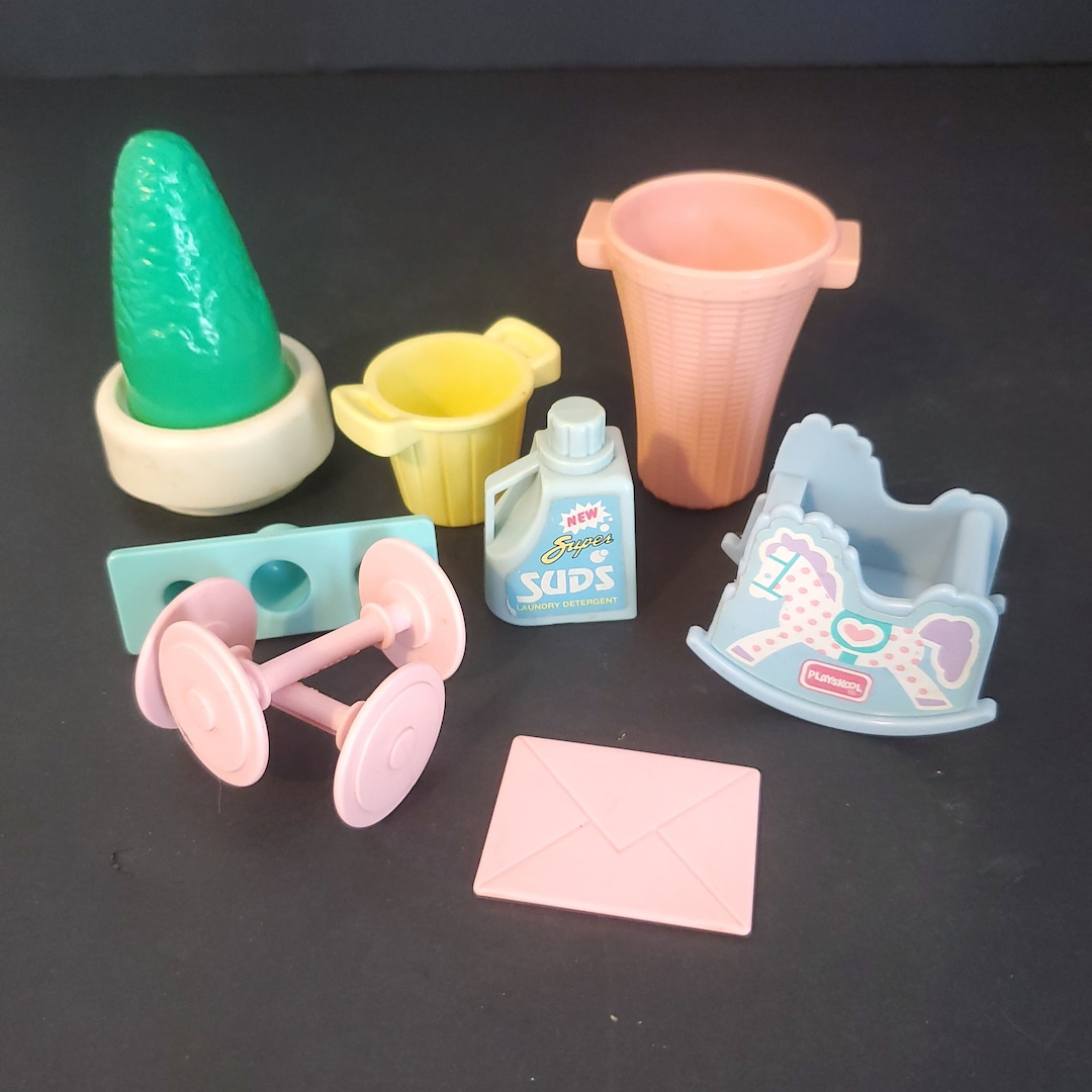 Vintage Playskool Victorian Dollhouse Accessories Green Tree in Pot, Canister Set, Letter Mail
