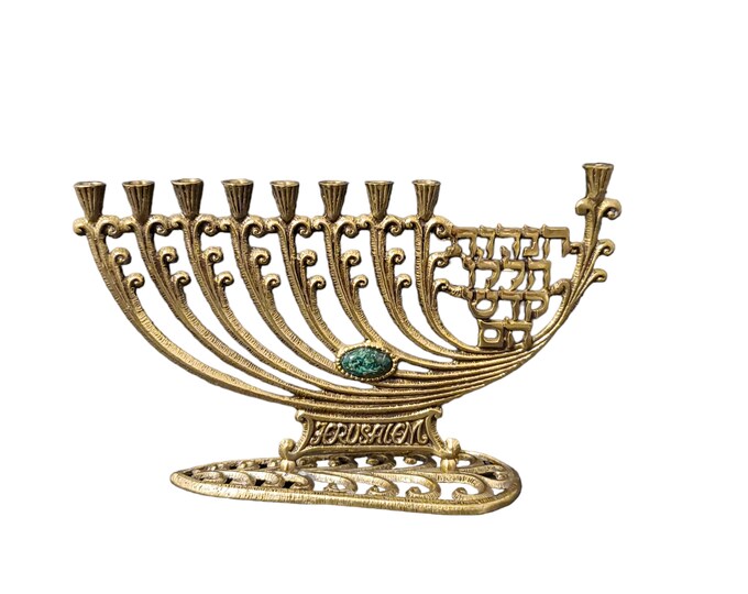 Menorah Hanukkah by Wainberg Made in Israel Brass Menorah Eilat Stone