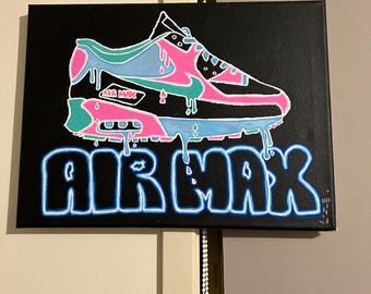 Sneaker Wall Art, Nike Air Max 90 Neon Canvas Wall Art, Hand Drawn Illustration, Dripping Art