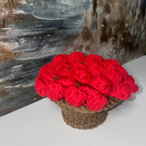 May include: A crocheted flower pot with red flowers and a brown base.