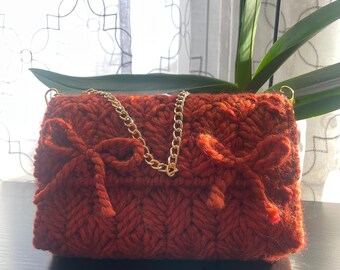 Bolsa de lona de plástico en color naranja quemado / Tejido con aguja / Hecho a mano con hilo / Bolso de mano