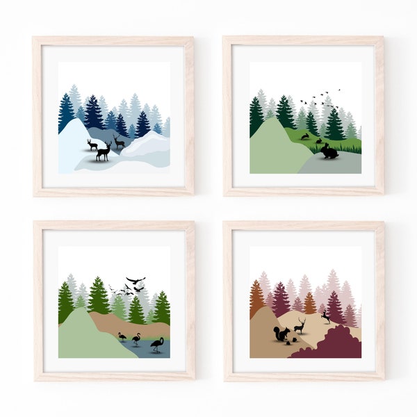 Four Seasons Scenery Printable Wall Art, Ensemble de 4 estampes, Bundle Prints, Landscape Art, Digital Print, Winter Spring Summer Fall Wall Art