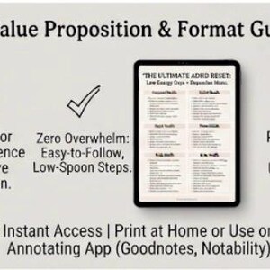 Könnte beinhalten: Ein digitales Tablet mit einem Dokument namens The Ultimate ADHD Reset: Low Energy Days + Dopamine Menu. Die Grafik enthält Text über Neurodivergenz, exekutive Dysfunktion und druckbare PDF-Funktionen sowie Symbole für ein Gehirn, ein Häkchen und einen Drucker.