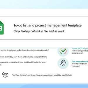 May include: A green spreadsheet icon with the text "To-do list and project management template" and "Stop feeling behind in life and at work". The image also includes icons for planning, reflecting, tracking progress, and getting support.