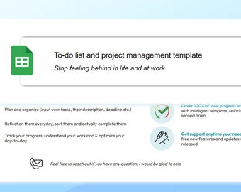 May include: A green spreadsheet icon with the text "To-do list and project management template" and "Stop feeling behind in life and at work". The image also includes icons for planning, reflecting, tracking progress, and getting support.