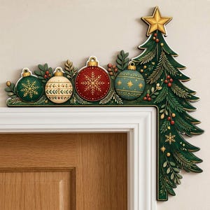 May include: A decorative wooden door corner accent featuring a green pine tree silhouette topped with a gold star. The design includes four round ornaments in green, cream, and red with snowflake patterns, accented by red berries and pine needles.