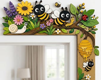 Bee Garden Door Corner Topper, Honeycomb Floral Plywood Art, Spring Farmhouse Entryway Decoration