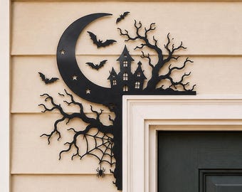 Halloween Door Corner Decor, Haunted House Moon Bats Wood Acrylic Sign, Toper Window Hanger