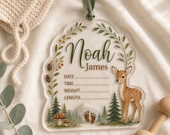 Personalized Baby Birth Ornament, Custom Newborn Keepsake, Woodland Deer Acrylic Ornament, Baby Name Birth Stats Gift, Nursery Decor
