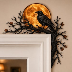 Raven Halloween corner door frame decor with black crow perched on twisted tree branches against a glowing orange full moon and autumn leaves
