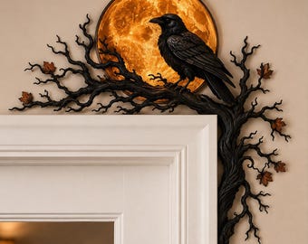 May include: A black raven perched on a dark, gnarled tree branch that extends across the corner of a door frame. Behind the bird is a circular, glowing orange moon. Small, dried-looking brown leaves are attached to the twisted tree limbs.