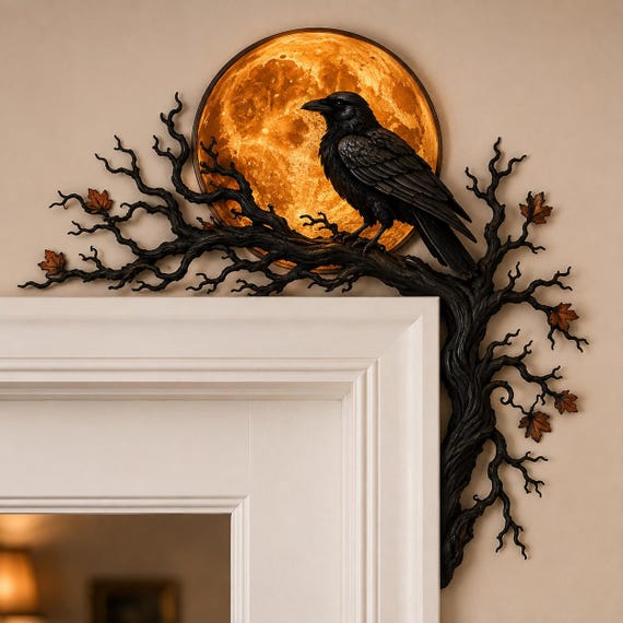 Raven Moon Halloween Corner Decor, Gothic Crow Door Frame Topper, Spooky Tree Wall Accent, Witchy Fall Doorway Decoration