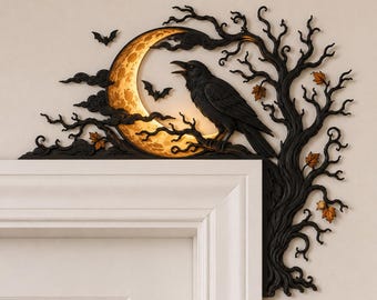Raven and Full Moon Wooden Door Corner Topper, Gothic Halloween Frame Decor