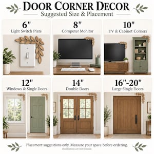 May include: A guide for door corner decor featuring leaf-shaped accents in six sizes from 6 to 20 inches. The image displays placement examples on a light switch, computer monitor, TV, cabinet, window, and various door types with text labels.