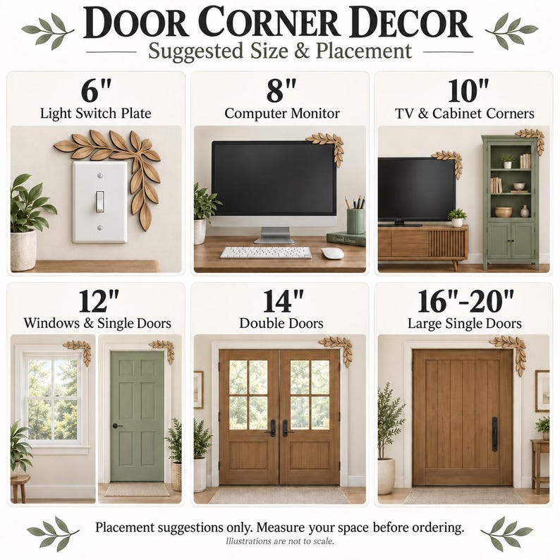 May include: A guide for door corner decor featuring leaf-shaped accents in six sizes from 6 to 20 inches. The image displays placement examples on a light switch, computer monitor, TV, cabinet, window, and various door types with text labels.