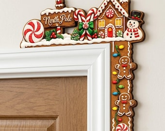 Christmas Corner Door Topper, Gingerbread House Door Decor, Personalized Holiday Corner Sign, Wooden Christmas Frame Decoration