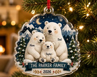 Personalized Polar Bear Family Ornament, Custom Family Names Christmas Keepsake, Baby Bear Tree Decoration, Family of 3 4 5 6 Gift