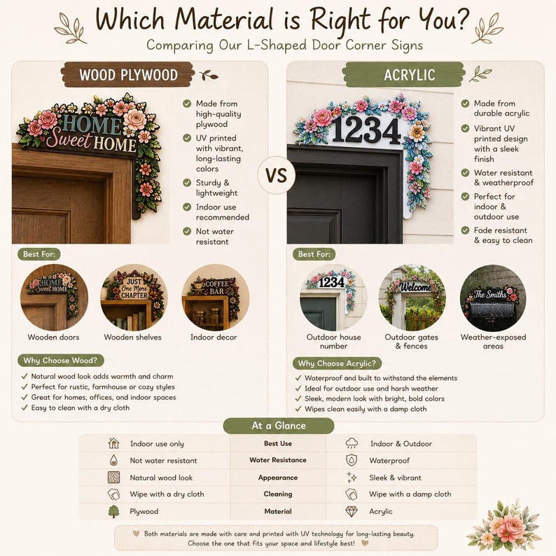 May include: An informational comparison chart titled Which Material is Right for You? detailing L-shaped door corner signs in wood plywood and acrylic. The graphic displays product examples, feature lists, and a summary table comparing indoor and outdoor usage, water resistance, and cleaning methods for both materials.