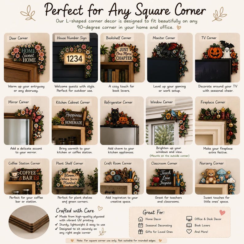 May include: A collection of L-shaped corner decor pieces featuring various designs including floral patterns, seasonal themes, and text such as Home Sweet Home, Just One More Chapter, Happiness is Homemade, Coffee Bar, and Teach Love Inspire.