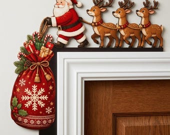 Santa Door Corner Topper, Christmas Door Decor, Santa & Reindeer Corner Sign, Holiday Entryway Decoration, Christmas Gift Bag Door Frame