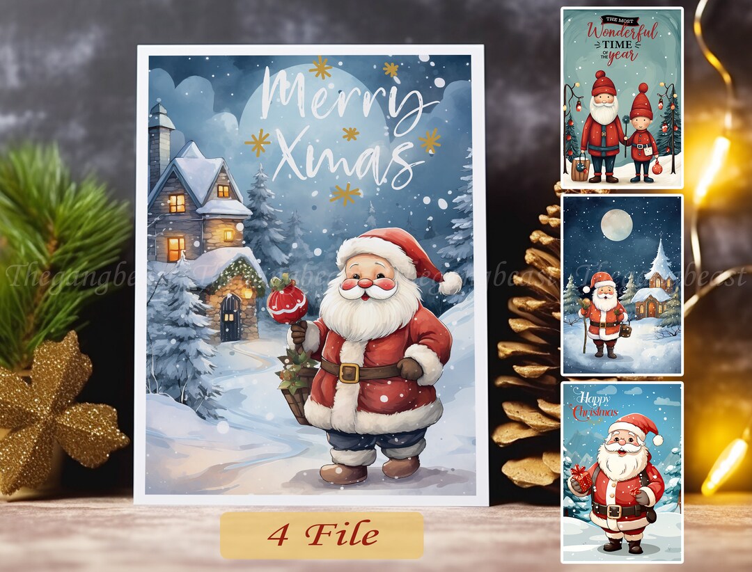 Santa Claus Christmas Card Digital Download Printable, Merry Christmas