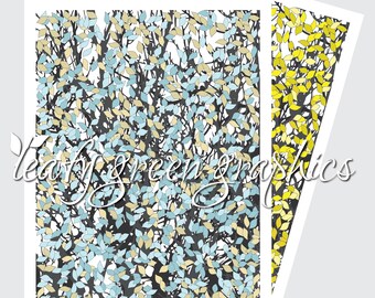 Leaves in turquoise & yellow, instant download jpeg and png, poster and fabric printing, complex pattern design