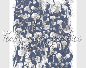 Jellyfish on blue background, instant download jpeg and png, poster and fabric printing, complex pattern design