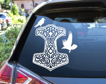 Mjolnir Thor's Hammer & Ravens Vinyl Car Decal: Norse Viking Waterproof Sticker