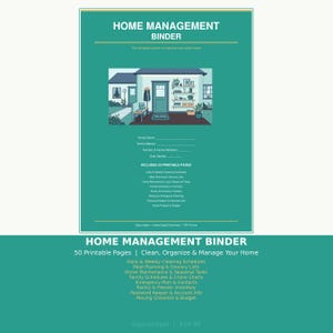 Peut inclure: Un classeur de gestion domestique de couleur sarcelle avec le titre en haut. Le classeur comprend 50 pages imprimables pour les calendriers de nettoyage, la planification des repas, etc. Un graphique d'une maison est au centre.
