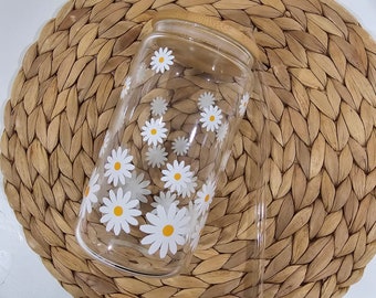 Daisy Iced Coffee Can Glass – Floral 16oz Libbey Cup, Bamboo Lid