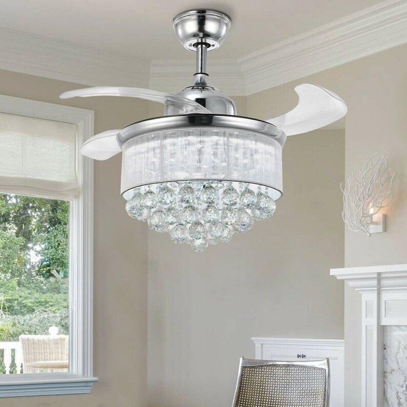 Remote 42" Crystal Invisible Ceiling Fan Light LED Chandelier Silver Fan Lamp Remote 42" Crystal Invisible Ceiling Fan Light LED Chandelier Silver Fan Lamp
