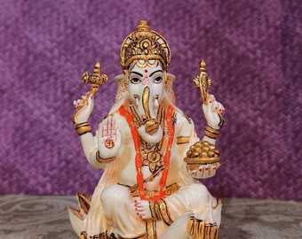 7" Ganesha Statue: Lord Vinayak on Lotus - Resin Marble Sculpture