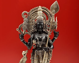 20" Brass Lord Murugan Statue: Double Toned Kartikeya Idol