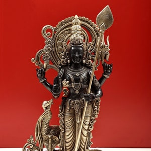 20&quot; Brass Lord Murugan Statue: Double Toned Kartikeya Idol