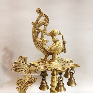 Brass Annapakshi Diya with Bells: Indian Oil Lamp (12&quot;)