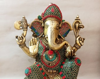 真鍮製ガネーシャ像：ターコイズ象嵌入り21インチのガネーシャ像