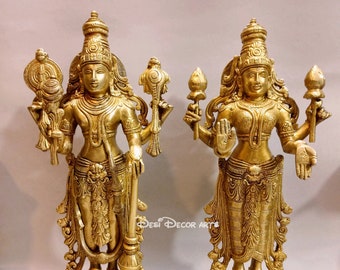 34CM Brass Lakshmi Narayan Statue: Vishnu Laxmi Sculpture