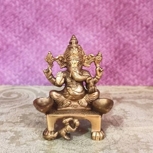 Ganesha Statue- 14cm Brass choki Ganesh with Diya Idol, Handmade, God of New Beginning, Altar Temple Decor, Vinayaka Idol, gift, Diya, Decor