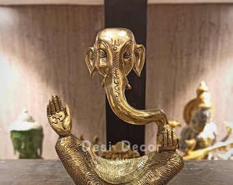 Handmade Brass Ganesh Statue: Abstract Ganesha Idol, Good Luck God, 8"