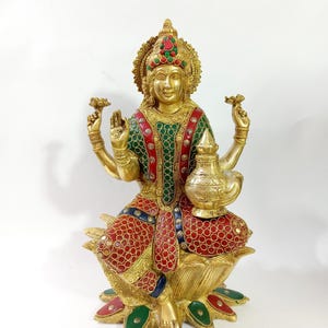 Brass Lakshmi Statue: 12&quot; Hindu Goddess Idol on Lotus