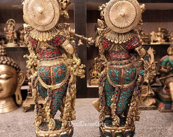 30インチ真鍮製ラーダー・クリシュナ像：ヒンドゥー教の神聖なカップル