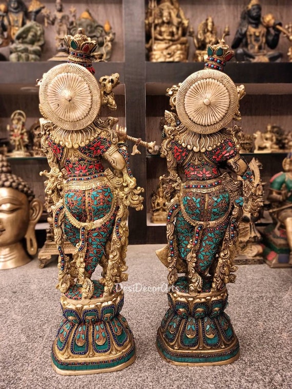 木彫り ラーダ・クリシュナ像 置物 30インチ真鍮製ラーダー・クリシュナ像：ヒンドゥー教の神聖なカップル