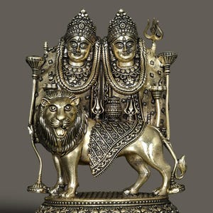 Handmade Brass Chamunda Devi Statue: Kali Sculpture with Lion