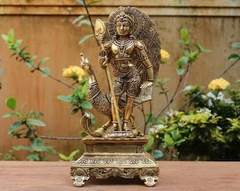 12" Brass Lord Murugan Statue: Handmade Kartikeya Idol