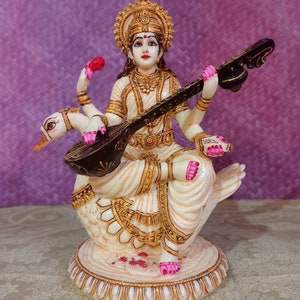 8&quot;Saraswati Statue,Hand Painted Cultured Marble Saraswati Idol with Veena, Sarasvati. Hindu Goddess of Knowledge, Music, Art & Wisdom, Home