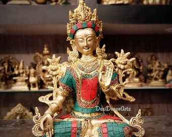 Tara statue ,  27 cm Brass with gemstone work Tara Idol Altar Meditation Handmade, Temple, Yoga Studio & Meditation Room, Decor, Gift.