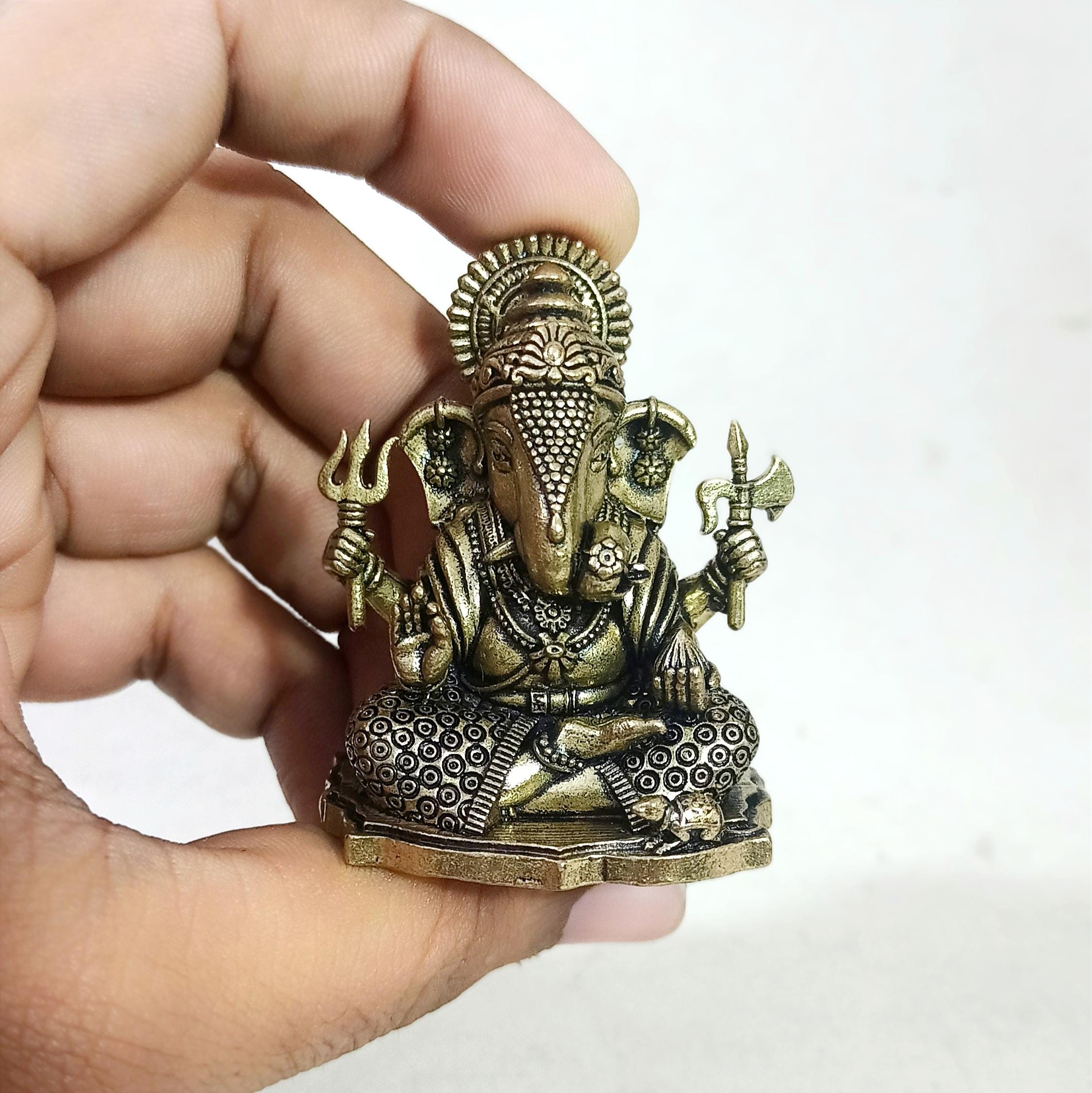 Purpledip Statua Ganesh In Ottone Con Diya, 14 Cm, Artigianato Indiano, Idea Regalo - 2